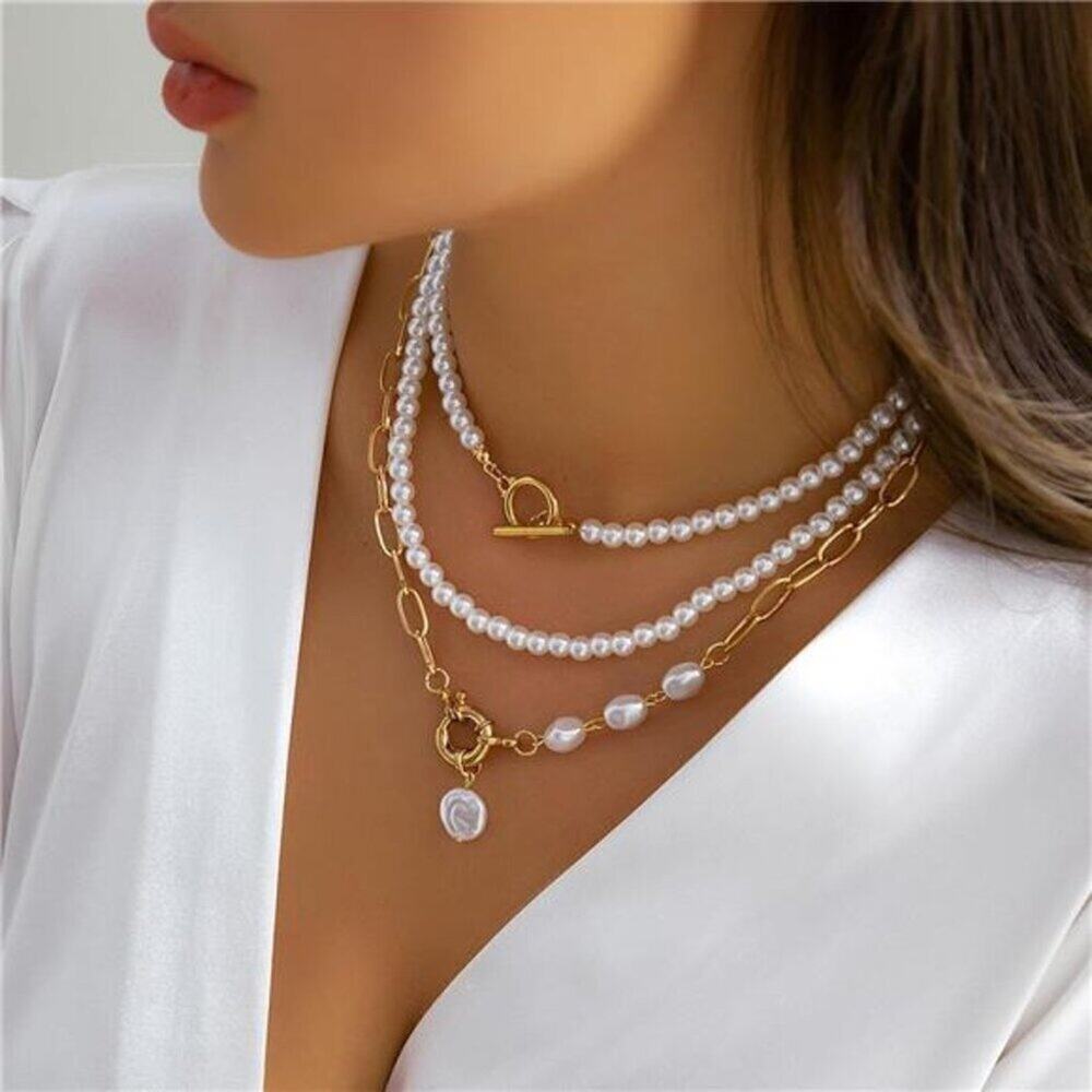 3 Pcs Gold Pearl Necklace Kira Gold Layered Necklaces Chunky Statement Stackable
